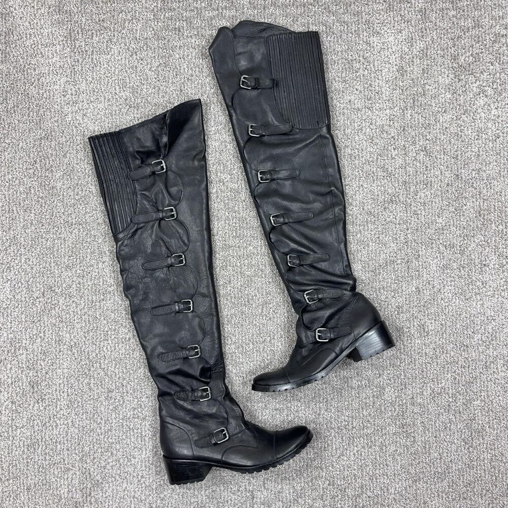 Dolce Vita Boots Womens 6.5 Black Over Knee Biker Buckle Zip Lug Sole Emo